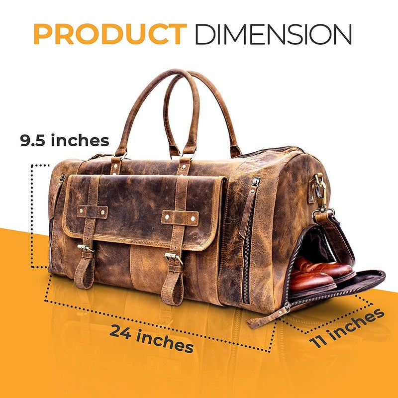 KomalC 24 Inch Leather Duffel Bags for Men and Women Full Grain Leather Travel Overnight Weekend Bags Sports Gym Duffle for Men (Brown Tan with shoe pocket) - Image 5